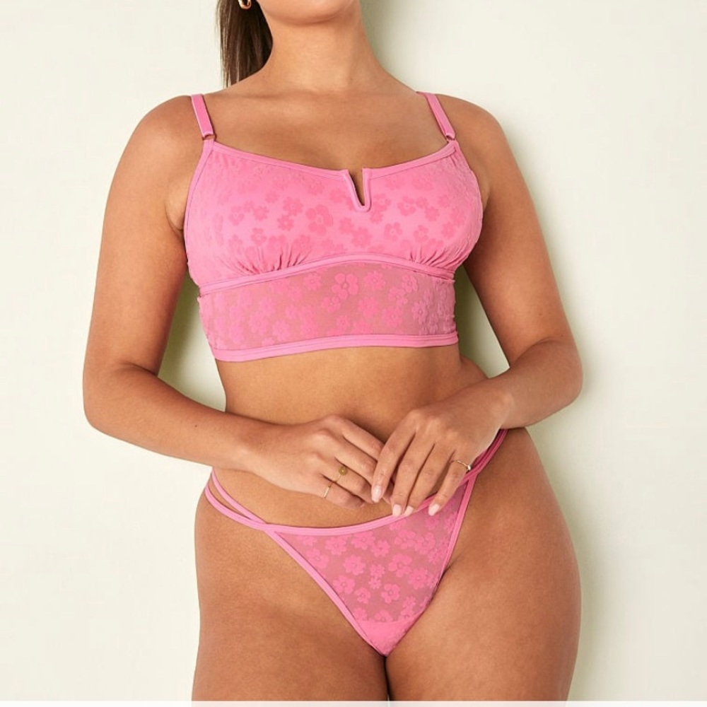 Victoria’s Secret PINK lingerie pink flower mesh set XXL Nwt valentines